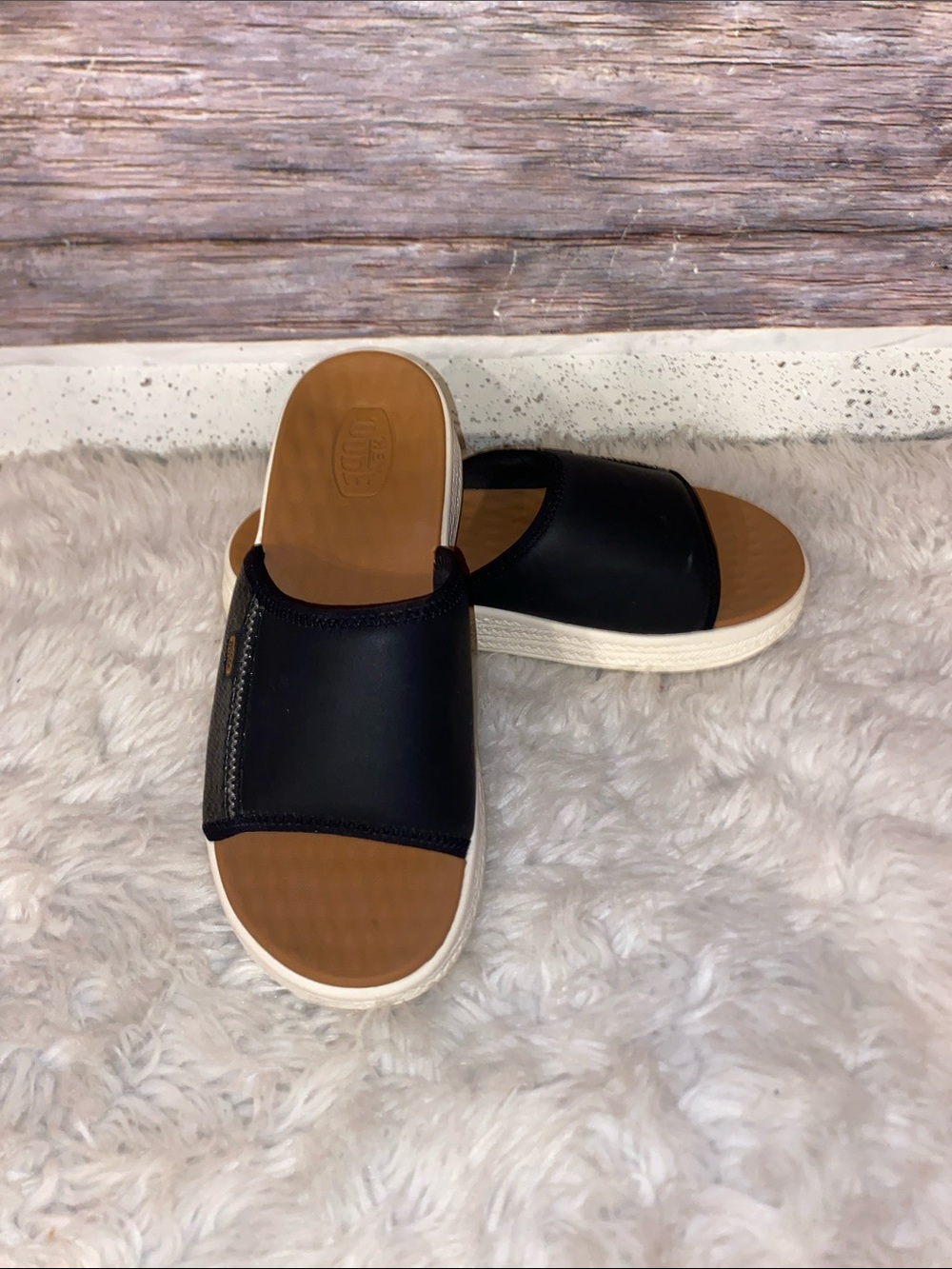 Hey Dude Black Slide Sandals with Tan Footbed
